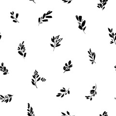 Leaves and branches vector seamless pattern. Black brush leaves, twigs and small flowers. Black branch modern ornament, ink texture with foliage. Hand drawn eucalyptus twig. Abstract plant motif