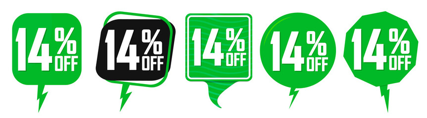 Set Sale 14% off speech bubble banners, discount tags design template, extra promo, vector illustration