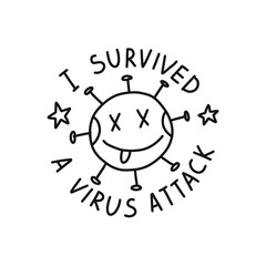 i survived a virus attack sticker doodle icon, vector line illustration