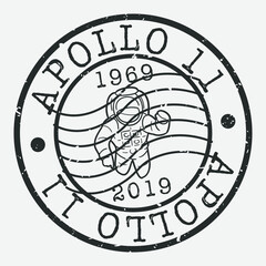 Apollo 11 Stamp. Astronaut Doodle Silhouette Seal. Round Design. Vector Icon. Design Retro Insignia.