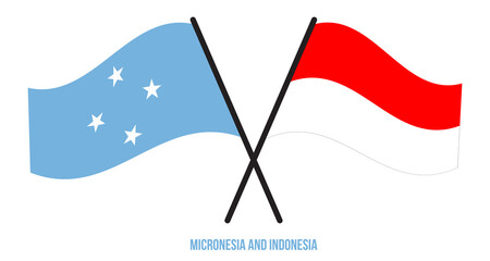 Micronesia and Indonesia Flags Crossed And Waving Flat Style. Official Proportion. Correct Colors.