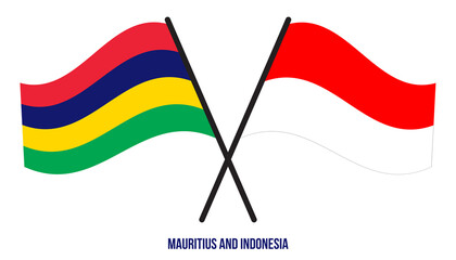Mauritius and Indonesia Flags Crossed And Waving Flat Style. Official Proportion. Correct Colors.