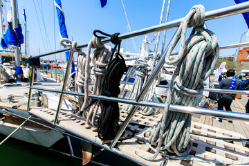 Close-up. Marine ropes on the deck of an expensive yacht