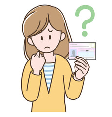 マイナンバーカードを持って悩む若い女性のイラスト