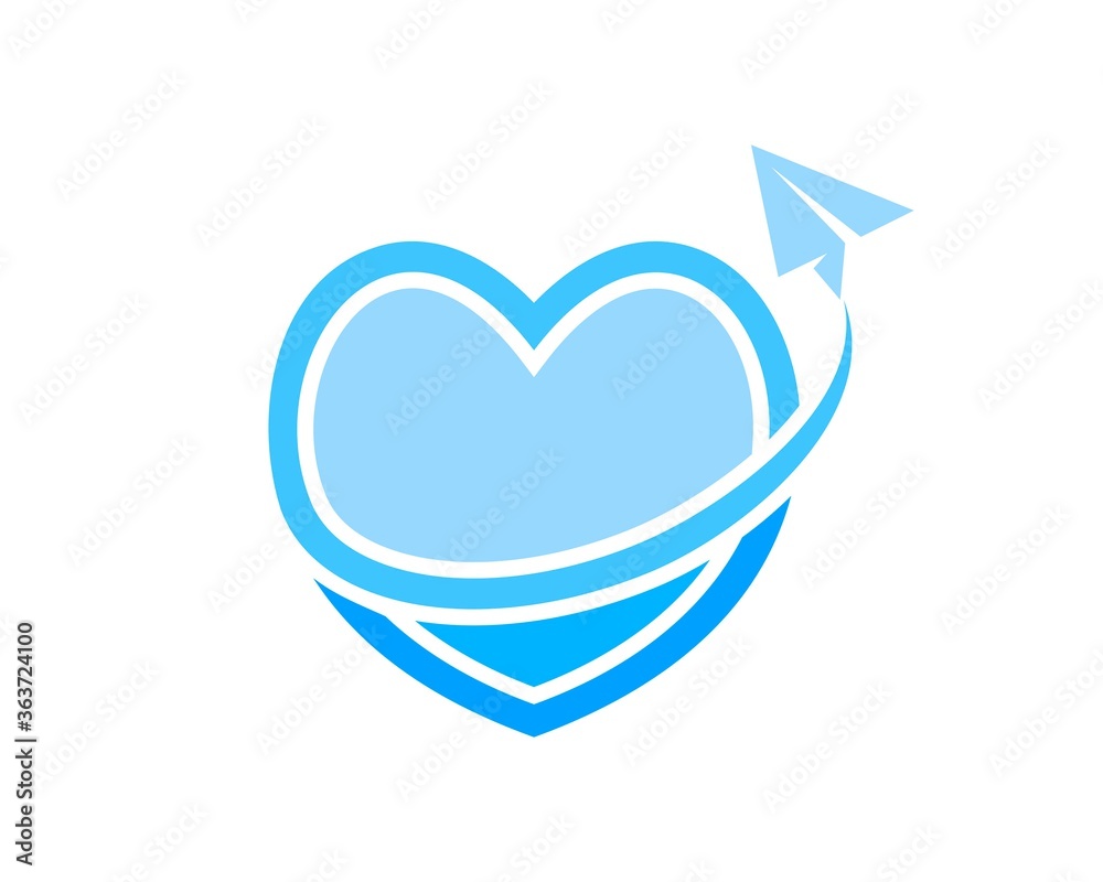 Wall mural blue love shape with flying paper plane