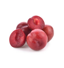 Plums plum prunes prune slice leaves fruits fruit isolated on a white background