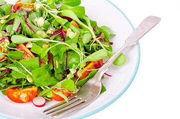Salad of young leaves of beet, cherry, radish and pumpkin seeds.