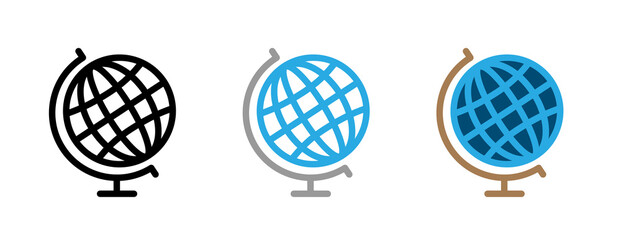 A vector line illustration of a globe, in three different colour variants.
