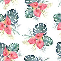 Watercolor hand drawn seamless pattern of tropical monstera leaves, pink flowers anthurium on white background. Floral clipart illustration of exotic plants for design wrapping, wallpaper, textile.