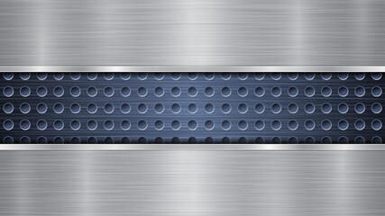 Fototapeta na wymiar Background of blue perforated metallic surface with holes and two horizontal silver polished plates with a metal texture, glares and shiny edges