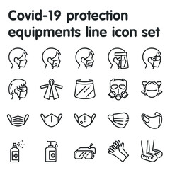 covid-19 protection equipments line icon set. Included icons as face mask, 3d mask, face shield, goggles, alcohol gel, PPE suite and more.