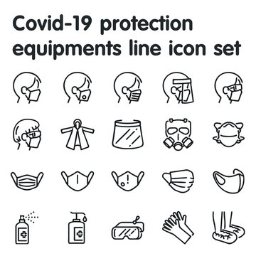 Covid-19 Protection Equipments Line Icon Set. Included Icons As Face Mask, 3d Mask, Face Shield, Goggles, Alcohol Gel, PPE Suite And More.