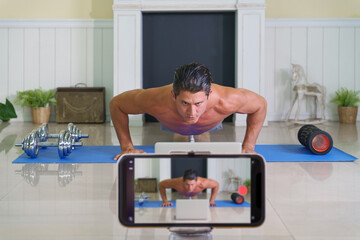 workout coach vlogger and blogger broadcasting live online from home