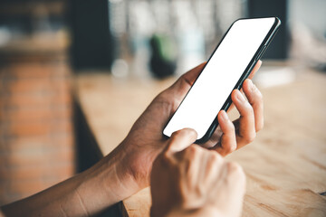 Asian business woman  hand using and touching smart phone with white blank empty screen.