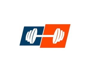 Blue and orange rectangle shape with barbell inside