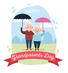 cute happy grandparents couple with umbrellas and ribbon frame
