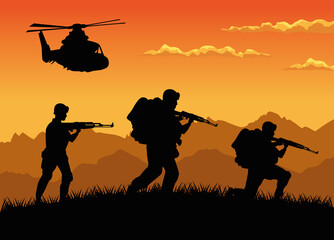 Fototapeta na wymiar military soldiers with guns and helicopter silhouettes sunset scene