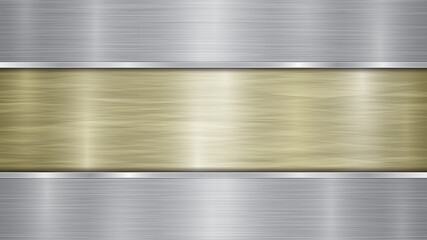 Background consisting of a golden shiny metallic surface and two horizontal polished silver plates located above and below, with a metal texture, glares and burnished edges