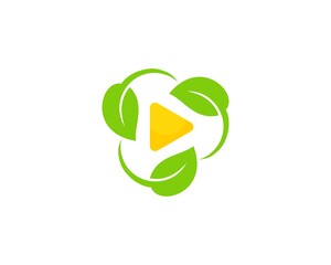 Media play button with green leaves