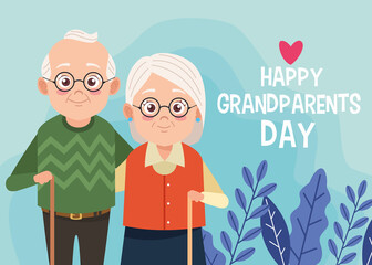 cute happy grandparents couple and lettering with heart