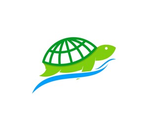 Green turtle with globe and wave