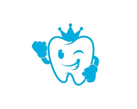 Tooth cartoon with strong hand and crown