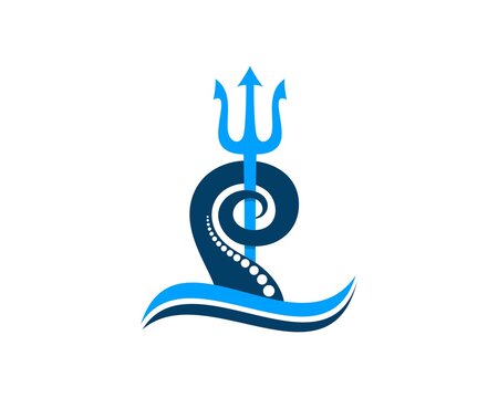 Octopus tentacle with trident and wave