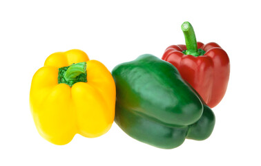 red yellow and green bell peppers isolated on white background