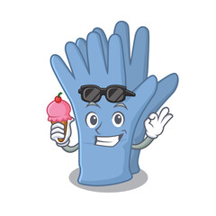 A cartoon drawing of medical gloves holding cone ice cream