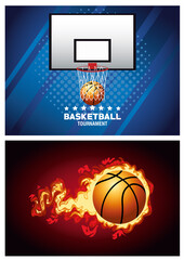 basketball sport poster with balloon on fire and basket