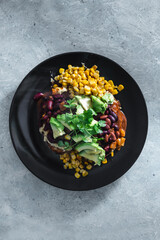 plant-based food, vegan mexican-inspired beans corn and avocado toast