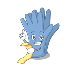 Medical gloves mascot character style with a menu on his hand
