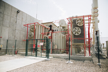 Fototapeta na wymiar Heavy Industrial Power plant Equipments consisting of Turbines, Heat generators, Desalination, Gas turbines, Steam Turbines, Generators, Boiler,