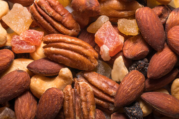 Nuts mix on a white background,Assorted nuts and raisin closeup on white backgrounds.
