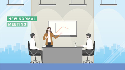 Fototapeta premium Business people wearing masks. Presentation in the meeting room for problem-solving from business crisis economics down.