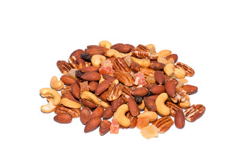 Nuts mix on a white background,Assorted nuts and raisin closeup on white backgrounds.