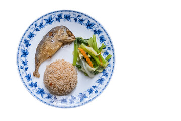 Fried mackerel and Rice with Spicy Shrimp Paste Dip and vegetable, Chinese cabbage, baby corn and carrots.
