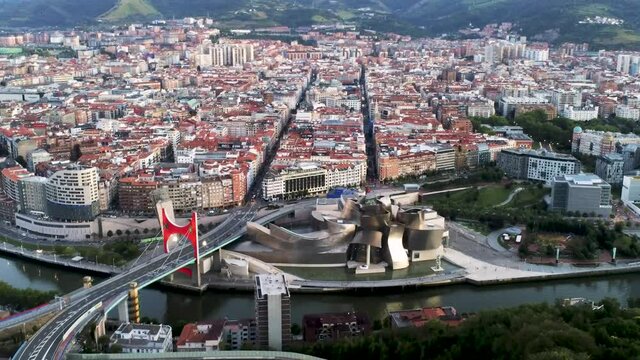 Aerial view of Bilbao city with buildings and Guggenheim museum. Basque country.Spain. Drone Footage