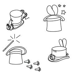 Magic hats and rabbit set, vector outline illustration on magicians theme for design and creativity