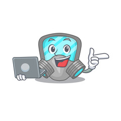 Smart cartoon character of respirator mask studying at home with a laptop