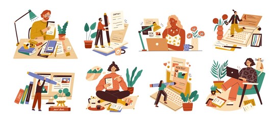 Set of professional journalist, copywriter, content manager, blogger with laptop, pencil, book. Concept of computer work, text typing, posting. Cartoon flat vector illustration on white background - obrazy, fototapety, plakaty