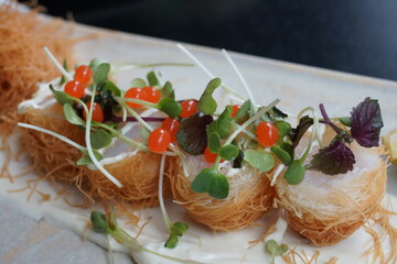 Japanese cuisine deep fried scallop. Gourmet photo for art decoration and blog story.