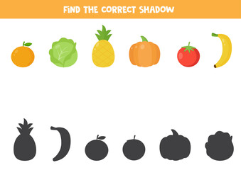 Find the right shadow of cartoon vegetables and fruits.