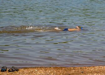 Obraz premium boy with snorkel and diving mask explores the bottom near the shore