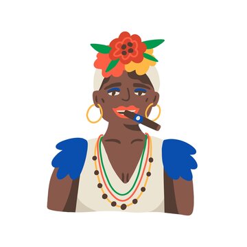 Cuban old woman portrait with make up, blue eye shadow, red lips, golden earings, hat with flower. Ethnic tropical dark skin female smoke cigar in flat vector cartoon illustration on white background