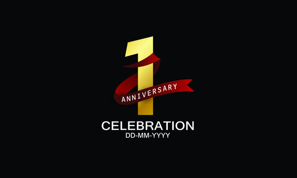 1 year anniversary red ribbon celebration logotype. anniversary logo with Red text and Spark light gold color isolated on black background, design for celebration, invitation - vector