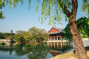 Gyeongbokgung Palace Gyeonghoeru Pavilion at summer in Seoul, Korea