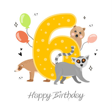 Vector illustration happy birthday card with number six, kvokka animal, lemur, anteater, balloons, hearts, doodle. Greeting card with the inscription happy birthday, six.