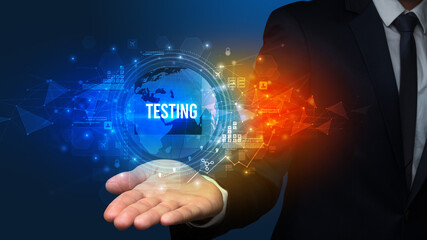 Elegant hand holding TESTING inscription, digital technology concept