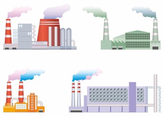 Obraz premium Urban landscape with industrial plant. pattern of factory with chimneys and smoke, air pollution concept. vector illustration.Elements for sites, advertising flayers, posters and info graphics.